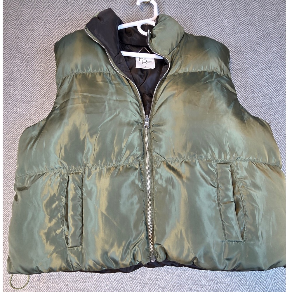 Faded Rose Olive Green Puffer Vest Womens Large Full Zip Quilted Jacket